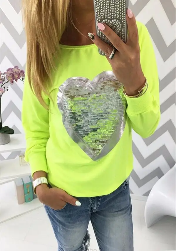 Women's 2017 Lovely Sequined Heart Pullovers O-neck Long Sleeve Sweatshirts Lady Tracksuits Tops S-5XL | Женская одежда