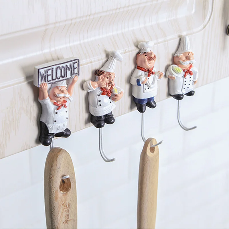 

1 Pcs Key Decor Hook Resin Paste Tight Holder Sticky Seamless Kitchen Cartoon Chef Style Power Cord Storage Rack