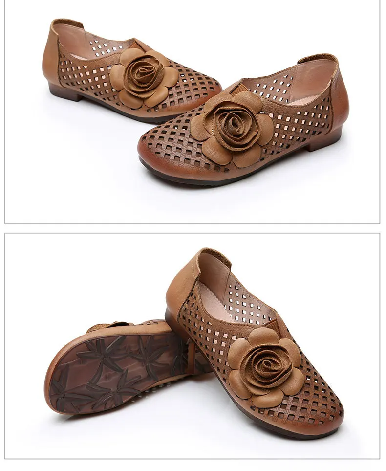 Летняя повседневная обувь; женские дышащие сандалии на плоской подошве из натуральной кожи с вырезами; женская обувь с большим цветком; сандалии с мягкой подошвой; обувь