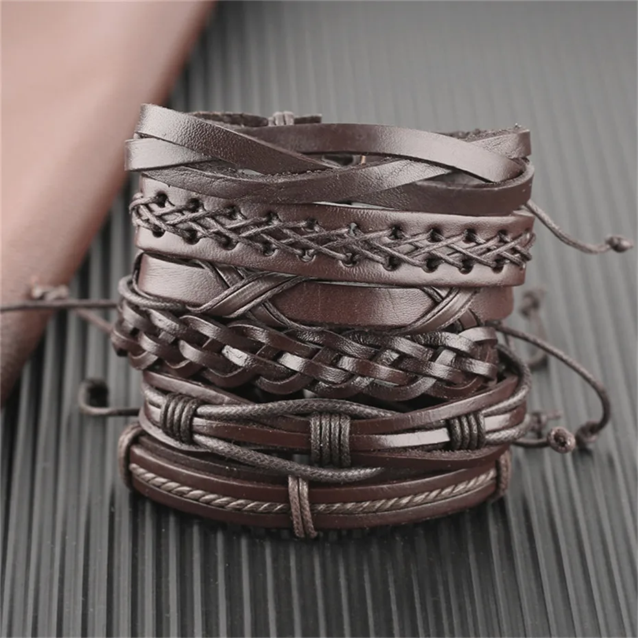 Black Brown Geometric Shape Rope Chain Mens Bracelet Set Punk Genuine Leather Bracelet Charms Gifts For Men (36)