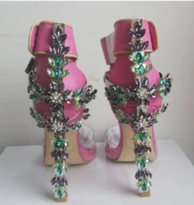 

US4-11 Women Peep Toe Rinestones Lock Crystal Clear Leather Ankel Buckle Clear Stilettos Shoes Pumps