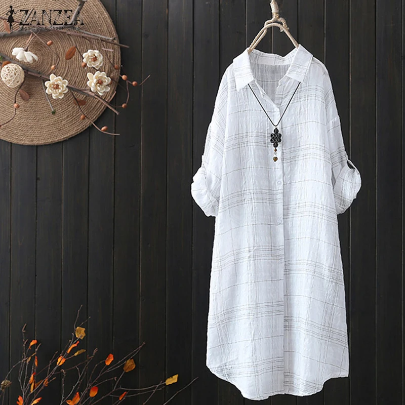 

ZANZEA Women Plaid Check Long Shirt Vestido 2019 Autumn Lapel Neck Long Sleeve Casual Retro Tops Vintage Cotton Linen Blouse