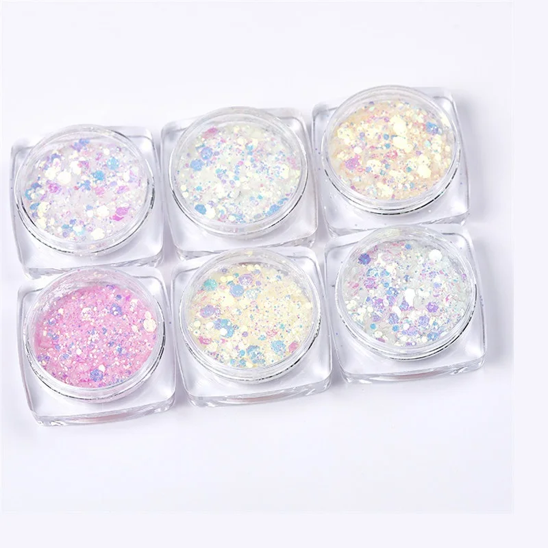

6Boxes/set Sun Light UV Sensitive Changing Color Mixed Size Flakes Chameleon Glitter Powder Manicure 3D Nail Art Gel Decoration