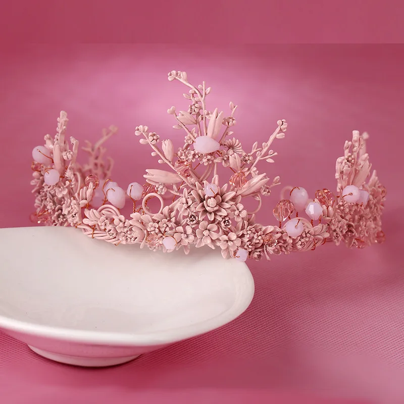

2016 New Handmade Hair Bands Headwear Wedding Crown Pink Flower Shape Crown Wedding Hair Accessories HG-G002