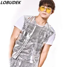 Жилет+ футболка+ брюки), комплект из 3 предметов с серебряными пайетками, мужской певец, ночной клуб, бар, джаз, рок, костюмы, костюм, свинцовый танцевальный шоу, шаровары