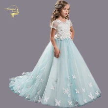 Светильник небесно-голубого цвета, коллекция года, платья для девочек, держащих букет невесты на свадьбе, бальное платье с короткими рукавами, вуаль с цветочным принтом, платье для выпускного вечера Детский костюм для малышей