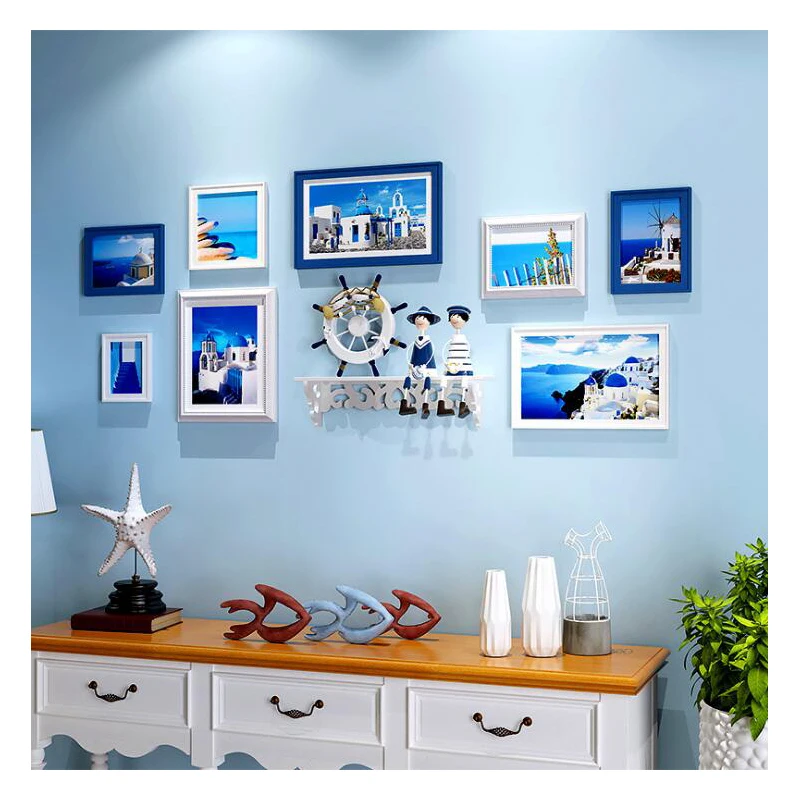 

Romantic 9 Pcs Photo Frame Wall Hanging Living Room Picture Frame Decoration Mediterranean Style Wood Picture Frames