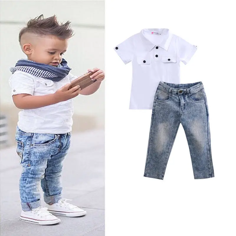 2018 New 2pcs Toddler Kids Baby Boy White Infant T shirt Top+Jeans Denim Pants Clothes Outfit