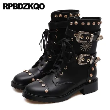 

handmade shoes big size biker black motorcycle luxury belts punk rock boots lace up round toe mid calf chunky metal rivet stud