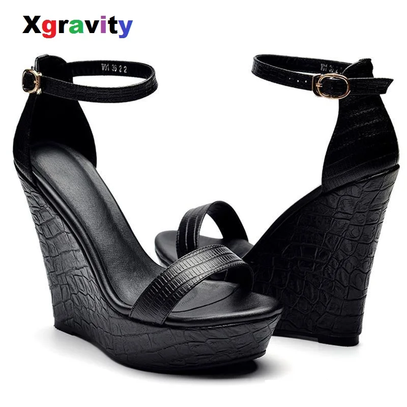 

Xgravity 2019 Sexy Woman Pumps Summer Lady Fashion Wedge Sandals Elegant Genuine Leather Black Platform Shoes Female Heels A020