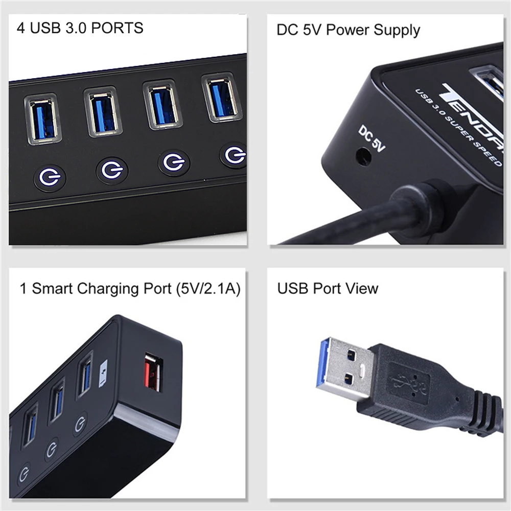 CHYI USB 3,0 концентратор USB-A-4 порта 3,0 с Умной быстрой зарядкой СВЕТОДИОДНЫЙ Переключатель ВКЛ/ВЫКЛ Внешний DC 5 В/2A блок питания сплиттер адаптер