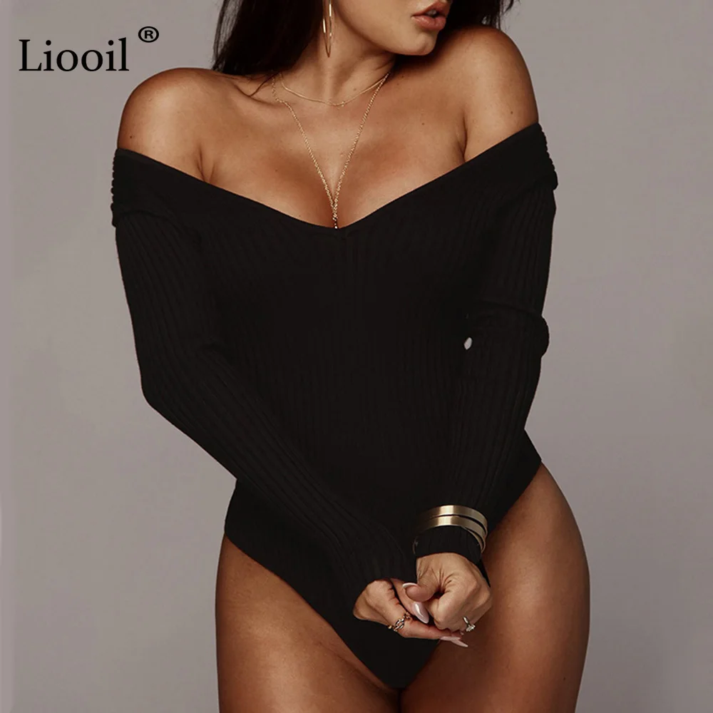 Liooil Сексуальная Bodycon вязаные комбинезоны черный, белый цвет Комбинезоны для Для женщин 2019 Весна длинным рукавом с v-образным вырезом