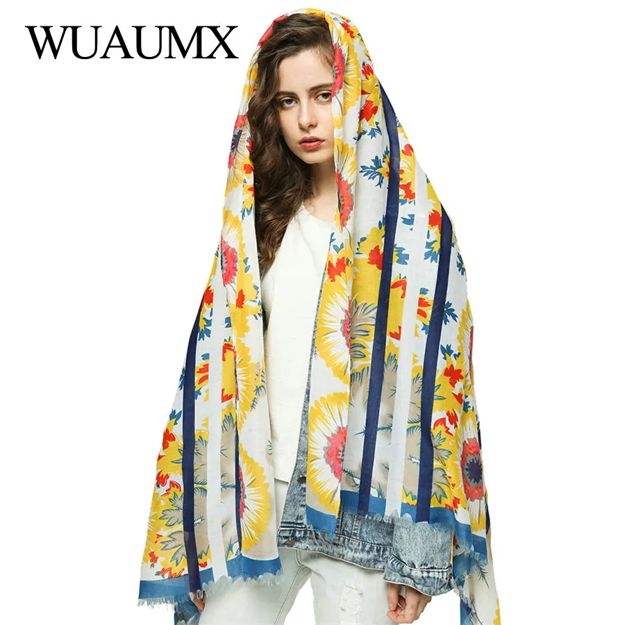 

Wuaumx Spring Cotton Scarf Women Sun flower Print Hijab Scarfs And Scarves Thin Long Muffler sjaal foulard femme Drop shipping