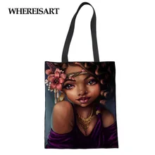 WHEREISART льняная холщовая женская сумка Bolsas Tela Eco Shoulder Shop Art Afro Lady с принтом женские пляжные хлопковые сумки на заказ Роскошные