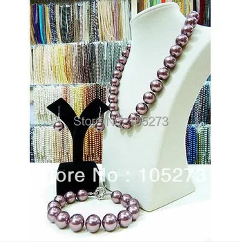 

Wholesale Perfect Jewelry 14MM Purple Color Round Sea Shell Pearl Necklace Bracelet Earrings Jewelry Set New Free Shipping