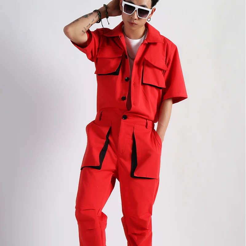 5XL Overalls Men Big Red Cotton 100% One-piece Short-sleeved Tide Male Nightclub Tooling Jumpsuit Cargo Pants Men Summer Romper