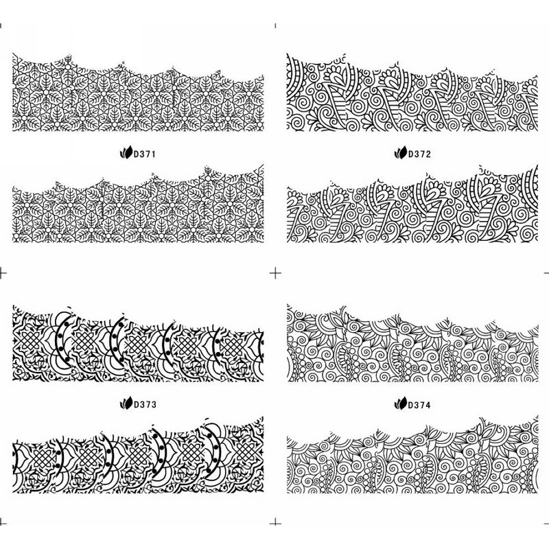 4 пакеты/серия полное покрытие черный французский улыбка кружева татуировки стикер воды наклейка ногтей D371-374