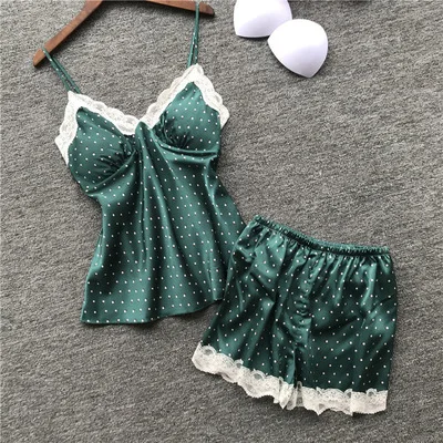 

2019 ladies shorts pajamas suit polka dot sexy sleepwear satin print with chest pad pajamas