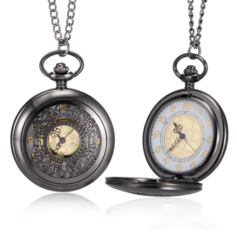 

1pc Men Women Quartz Pocket Watch Hollow Pattern Carved Case with Chain LL@17