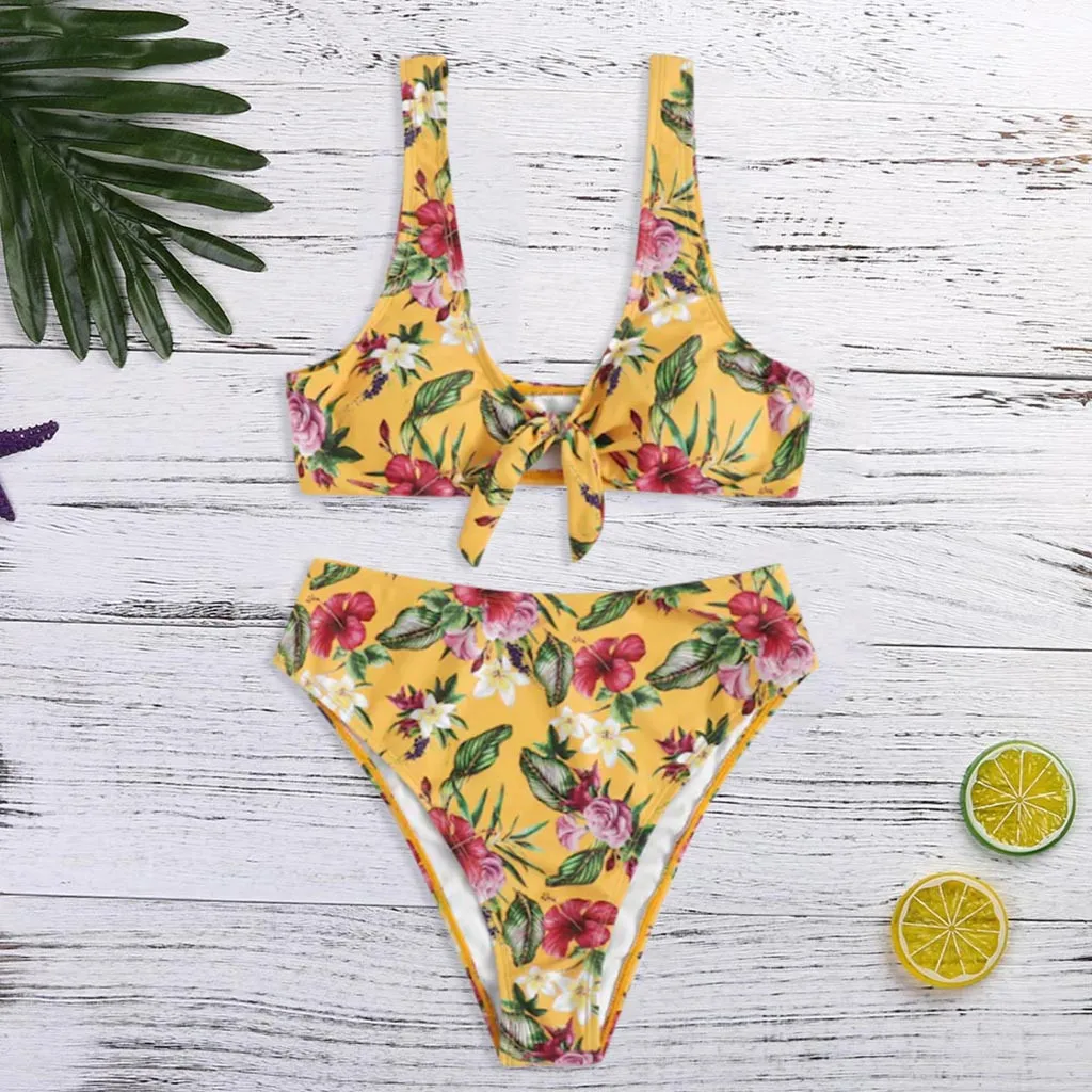 

Women Printed bowknot High-Waisted Two Pieces Bikini Swimsuit Beachwear Costume da bagno sexy a vita alta.