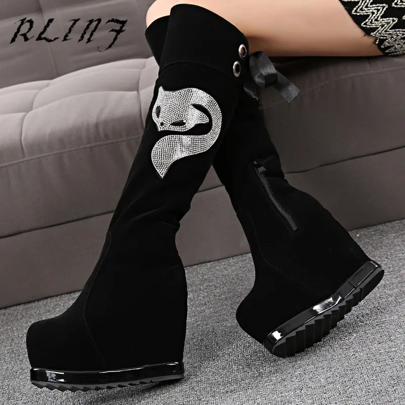 De Femmes À 2018 Automne Nouvelles Rlinf Martin Wedge Mat Strass Bottes Renard Et Augmenté L'intérieur Noir D'hiver Du HEY2IeD9bW
