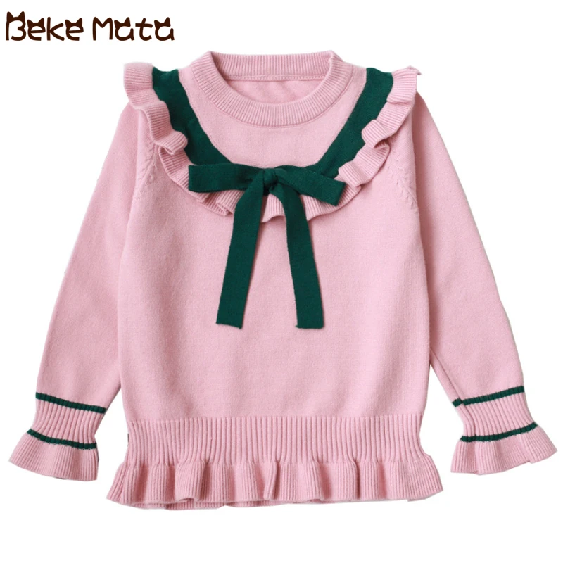 

BEKE MATA Kids Sweaters Girls Autumn 2018 Preppy Style Bow Tie Toddler Girl Sweater Long Sleeve Knit Pullover Children Clothing