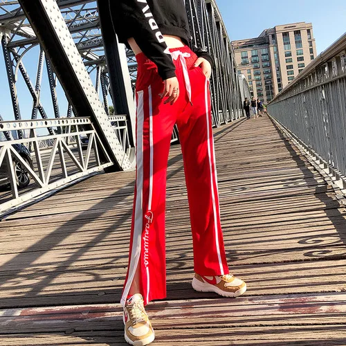 

Korean Elegant Sexy Open Side Split Trousers Chic Fashion Letter Wide Leg Pants Embroidery Striped Patchwork Pantalones Mujer