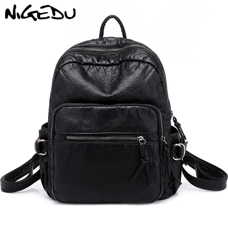 

Soft washed leather women Backpacks big capacity Preppy style student school bag Casual travel backpack female Daypack black