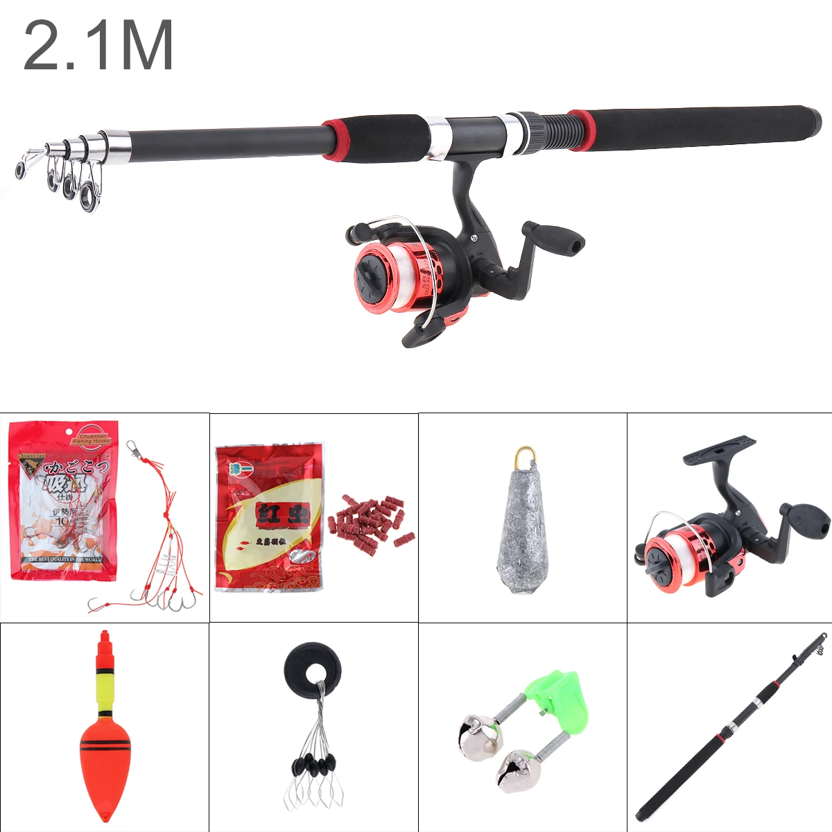 2.1m Fishing Rod Reel Line Combo Full Kits Spinning Reel Pole Set with