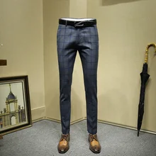 Мужская одежда брюки синий плед формальные бизнес осень зима smart casual slim fit Свадьба жениха одежда подарок на день отца