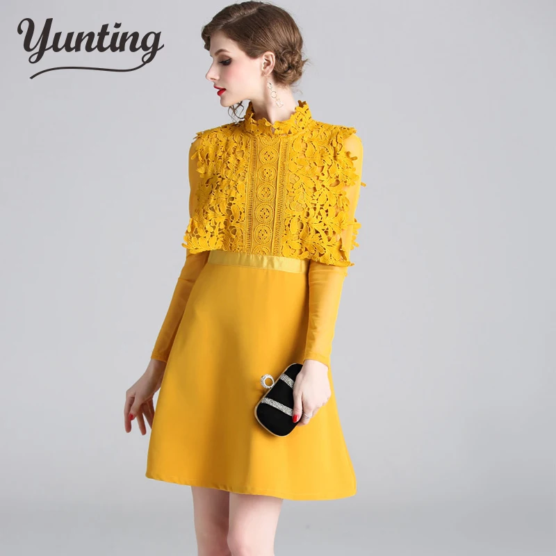 

Women's 2019 Summer Water Soluble Lace Yellow Dress Flower Crochet Hollow Out Vestido Slim Sexy Party Dress