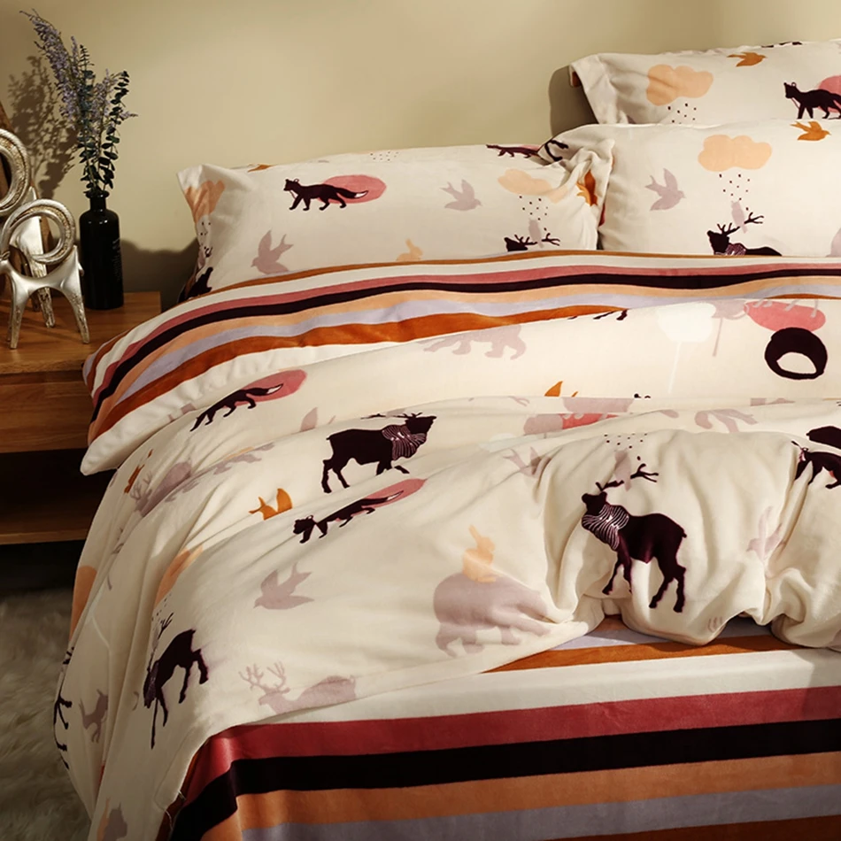 Christmas Deer Flannel Duvet Cover Set Colorful Stripes Bed Sheets Birds Pillow Case Queen King