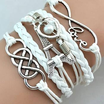 

Bluelans Women's Fashion Braided Multilayer Love Heart Eiffel Tower Faux Leather Bracelet
