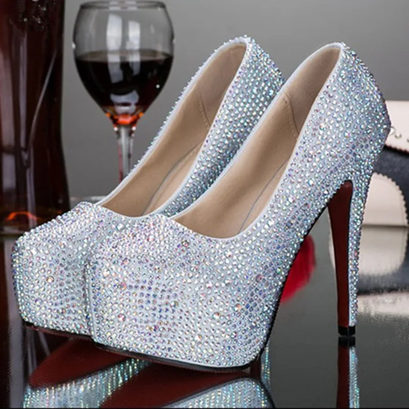 Perfect 2016 women sexy silver gold rhinestone crystal wedding platform high heels prom shoes zapatos sapato