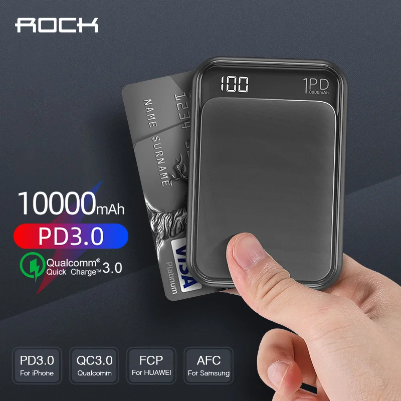 ROCK мини портативное зарядное устройство 10000 мАч LED QC3.0 PD Быстрая зарядка Внешняя
