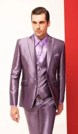 

Latest Coat Pant Designs Purple Satin Men Suit Custom Slim Fit Tuxedo 3 Piece Gentle Suits Prom Party Blazer Terno Masculino