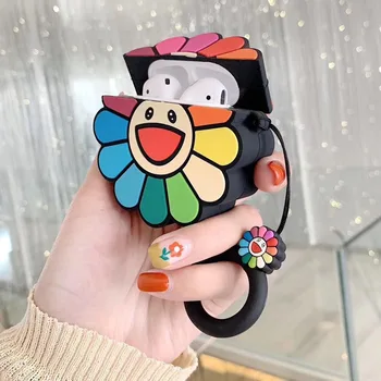 

Fashion Cute Colorful Flowers Soft Silicone Protective Cover Shockproof Case Skin With Lanyard For Airpods 1/2 Charging Box
