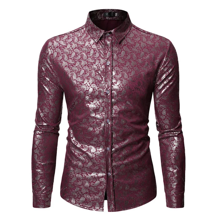 wine red Роскошные Пейсли загара печати рубашка Для мужчин Фирменная Новинка с длинным рукавом мужская одежда рубашки Свадебная вечеринка рубашка мужской Camisa Masculina - Цвет: wine red