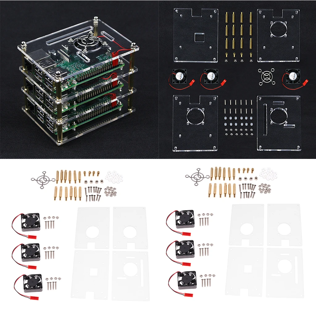 2x Acrylic Stack Case Enclosure Open-Air Dog Bone + Fan for Raspberry pi