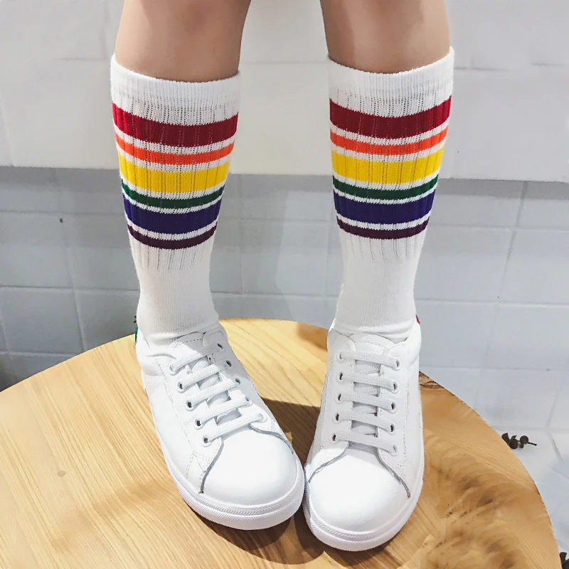 Child boy knee high socks striped rainbow knee socks cotton school