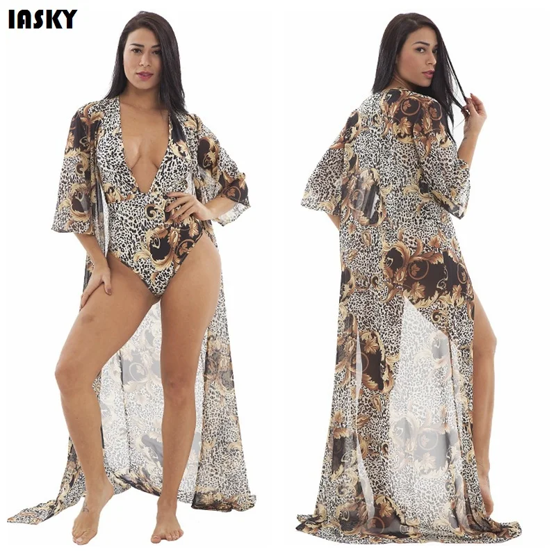 

IASKY 2PCS/SET Sexy Cover Up + Swimsuit Set 2019 Print Leopard Women Cover Ups & one piece swimwear sets Robe De Plage