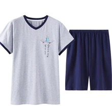 Новые летние хлопковые мужские пижамы с коротким рукавом с v-образным вырезом, повседневные Мягкие Большие размеры, Мужская домашняя одежда, мужская одежда для сна