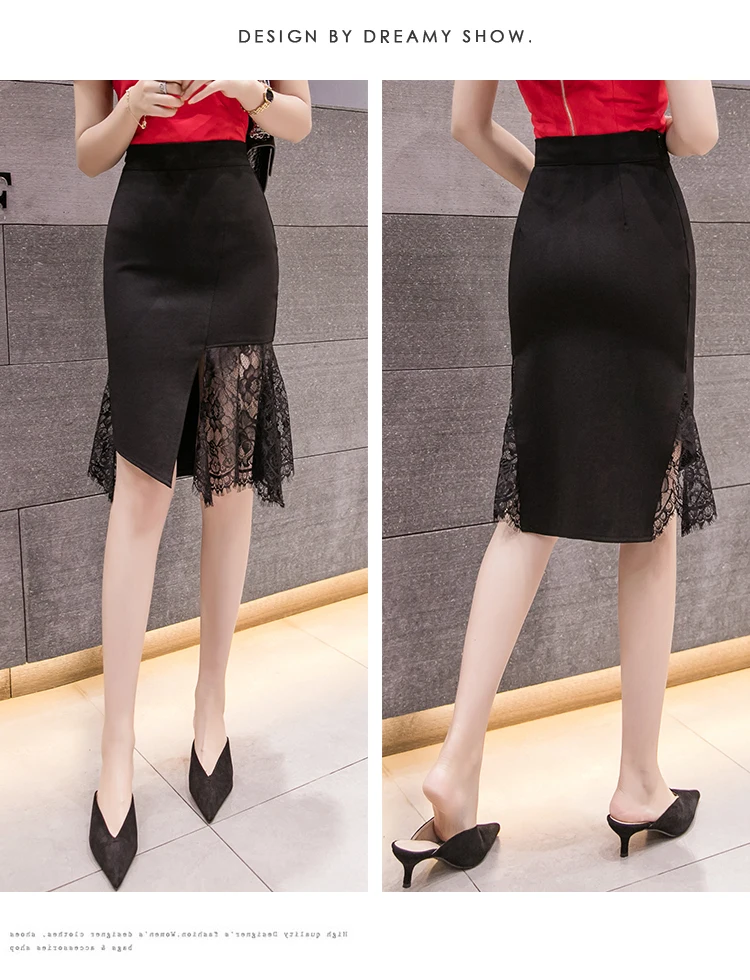 Плюс размеры повседневное Формальные кружевное пэтворк однотонное юбка для женщин Мода Элегантный стрейч тонкий юбка-карандаш с вырезом милые дамы миди