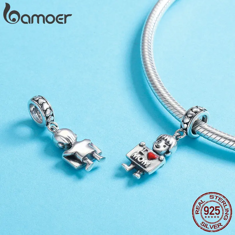 BAMOER 100% Authentic 925 Sterling Silver I Love Dad Lovely Boy Charm Pendant fit Charm Bracelet & Necklaces Jewelry SCC691