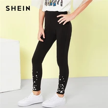 SHEIN/Черные Эластичные зауженные повседневные брюки с высокой талией и жемчужинами для девочек; леггинсы для девочек; коллекция года; сезон весна; модные милые узкие брюки для детей