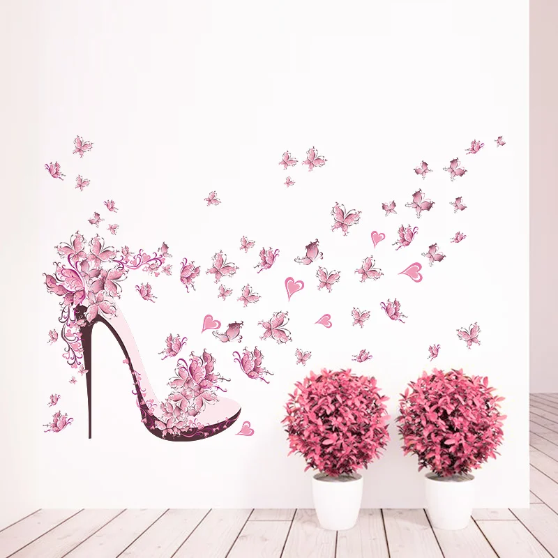 

High-heeled Shoes Flying Butterfly Branch Wall Sticker Home Decor Wall Mural DIY Kids Girls bedroom Decoration Wallpaper