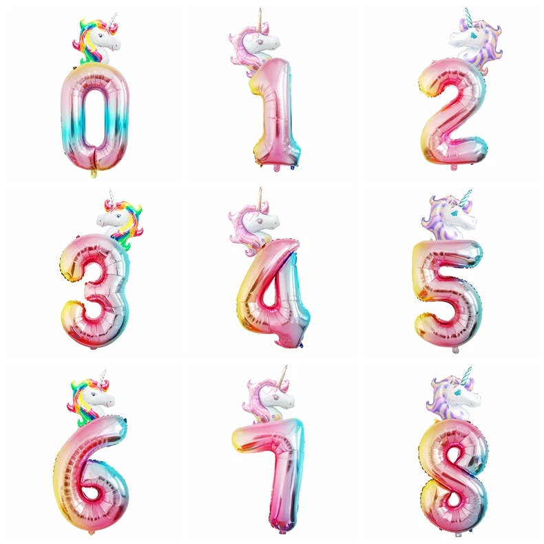 

2pcs 32inch Unicorn Rainbow Number Balloons 0 1 2 3 4 5 6 7 8 9 Digital Foil Balloon 1st Birthday Party Decoration Air Globos