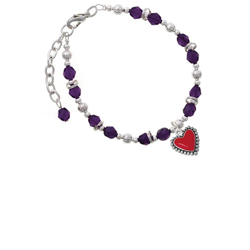 Silvertone Red Heart with Beaded Border Purple Beaded Bracelet