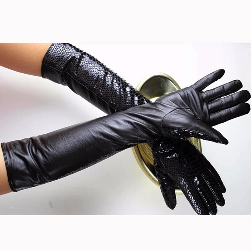 Female 47 cm long 100% leather gloves imitation crocodile pattern sheepskin gloves velvet lining warm arm shield