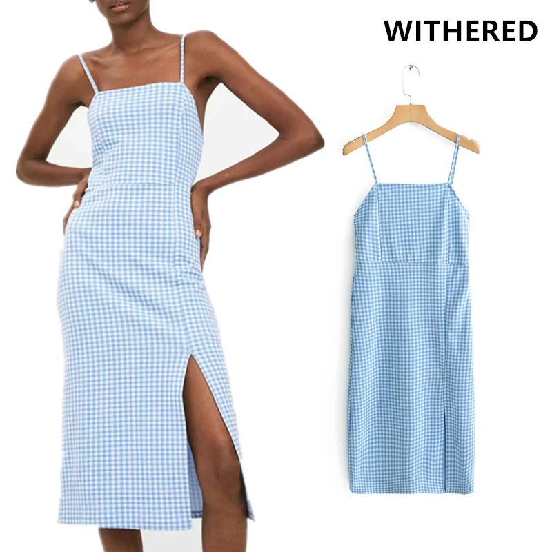 

Withered 2019 summer dress women high street blue plaid elastic sexy spaghetti strapless dress women vestidos party maxi dress